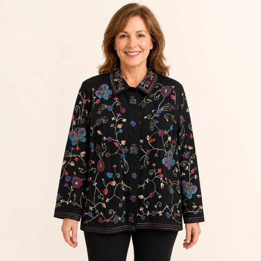 Quacker Factory Womens S Black Beaded Embroidered Butterfly Jacket Y2K